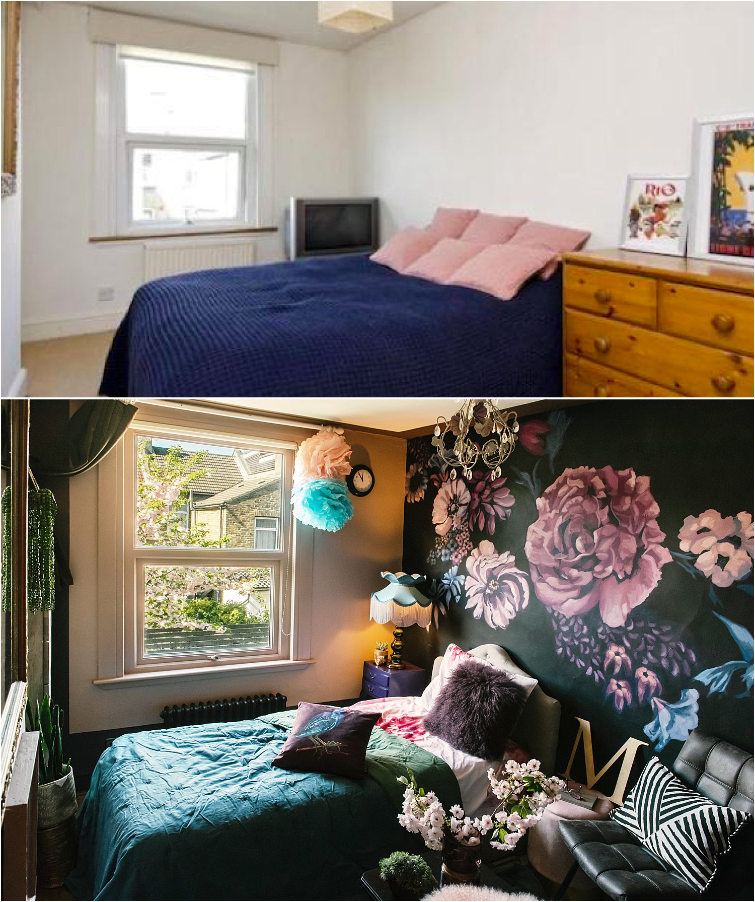 dark-floral-bedroom-eclectic-maximalist-hand-painted-mural-interior-design